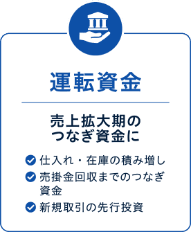 運転資金 売上拡大期のつなぎ資金に 仕入れ・在庫の積み増し 売掛金回収までのつなぎ 資金 新規取引の先行投資