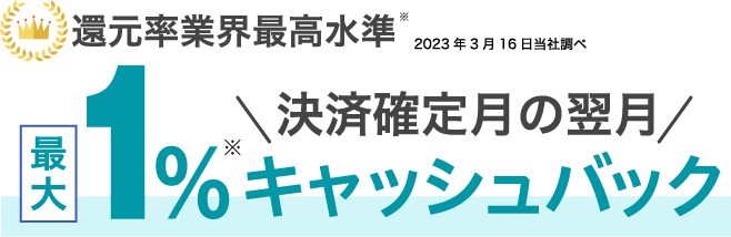 還元率業界最高水準※2023年3月16日当社調べ 決済確定月の翌月 最大1%キャッシュバック