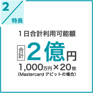 特長2 1日合計利用可能額 合計2億円 1,000万円×20枚(Mastercard デビットの場合)