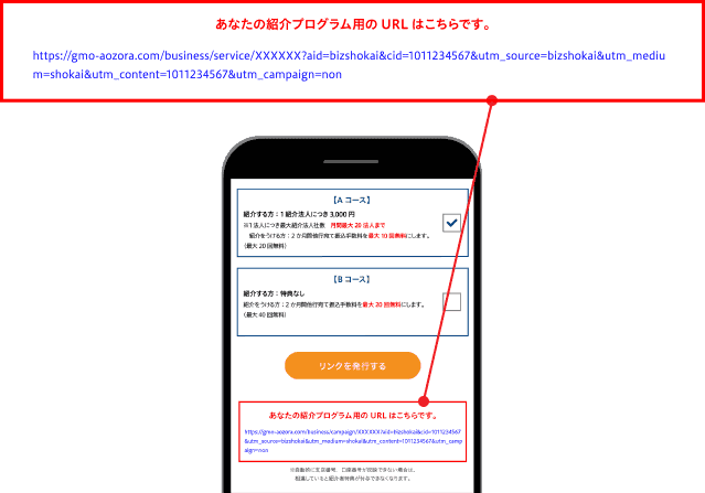 あなたの紹介プログラム用のURLはこちらです。https://gmo-aozora.com/business/campaign/XXXXXX?aid=bizshokai&cid=1011234567&utm_source=bizshokai&utm_medium=shokai&utm_content=1011234567&utm_campaign=non