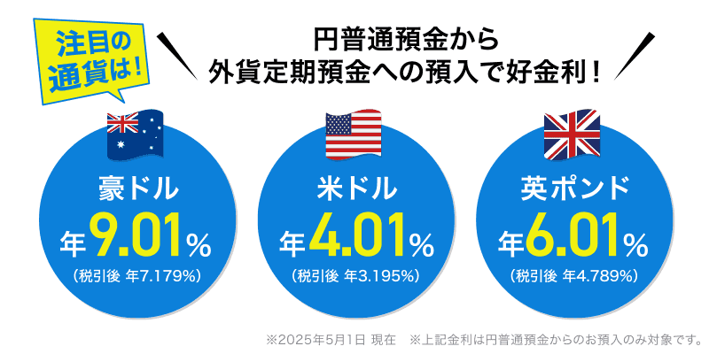 注目の通貨は！円普通預金から外貨定期預金への預入で好金利！※上記金利は円普通預金からのお預入のみ対象です。
