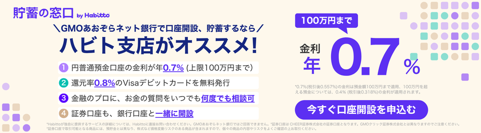 貯蓄の窓口 by Habitto　GMOあおぞらネット銀行で口座開設、貯蓄するなら ハビト支店がオススメ！①円普通預金口座の金利が年0.7%（上限100万円まで）②還元率0.8%のVisaデビットカードを無料発行③金融のプロに、お金の質問をいつでも何度でも相談可④証券口座も、銀行口座と一緒に開設　金利100万円まで年0.7%　今すぐ口座を申込む