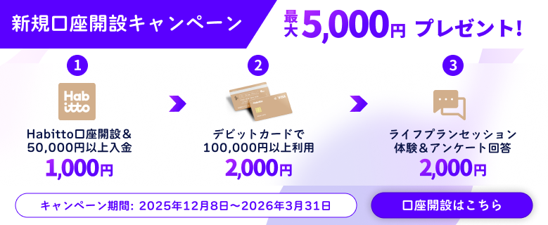 新規口座開設キャンペーン 最大5,000円プレゼント！1 Habitto口座開設＆50,000円入金1,000円 2 デビットカードで100,000円以上利用 2,000円 3 ライフプラセッション＆アンケート回答2,000円 キャンペーン期間:2025年12月8日～2026年3月31日キャンペーン詳細はこちら