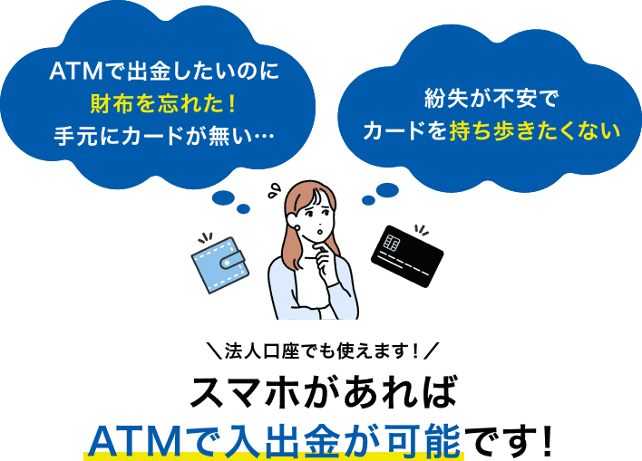 ATMで出金したいのに財布を忘れた！手元にカードが無い… 紛失が不安でカードを持ち歩きたくない ＼法人口座でも使えます！／スマホがあればATMで入出金が可能です！
