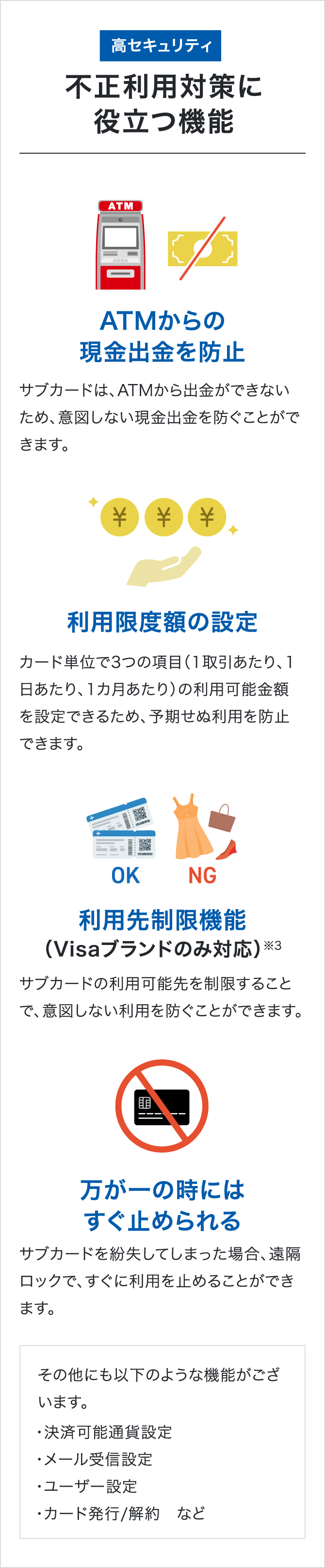 高セキュリティ 不正利用対策に役立つ機能 ATMからの現金出金を防止 サブカードは、ATMから出金ができないため、意図しない現金出金を防ぐことができます。 利用限度額の設定 カード単位で3つの項目（1取引あたり、1日あたり、1カ月あたり）の利用可能金額を設定できるため、予期せぬ利用を防止できます。 利用先制限機能（Visaブランドのみ対応）※3 サブカードの利用可能先を制限することで、意図しない利用を防ぐことができます。万が一の時にはすぐ止められる サブカードを紛失してしまった場合、遠隔ロックで、すぐに利用を止めることができます。その他にも以下のような機能がございます。・決済可能通貨設定　・メール受信設定　・ユーザー設定　・カード発行/解約　など