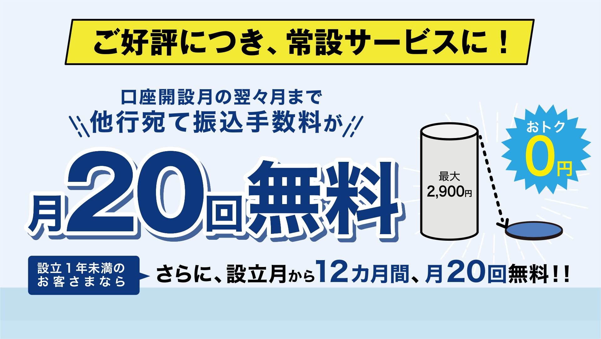 他行宛て振込手数料が、口座開設月の翌々月まで20回無料