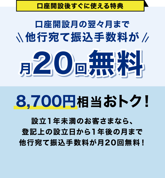 口座開設後すぐに使える特典 口座開設月の翌々月まで他行宛て振込手数料が月20回無料 8,700円相当おトク！ 設立1年未満のお客さまなら、登記上の設立日から1年後の月まで他行宛て振込手数料が月20回無料！