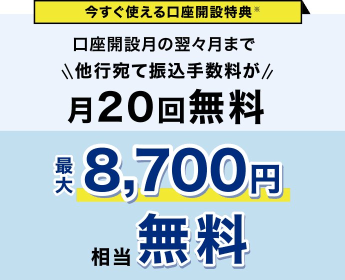 今すぐ使える口座開設特典 口座開設月の翌々月まで 他行宛て振込手数料が月20回無料 最大8,700円相当無料