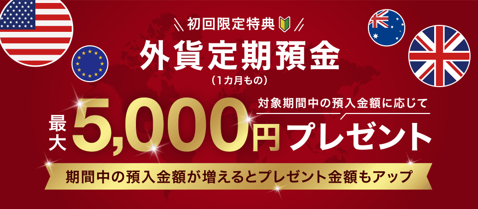 初回限定特典 外貨定期預金（1カ月もの）最大5,000円 対象期間中の預入金額に応じてプレゼント 期間中の預入金額が増えるとプレゼント金額もアップ
