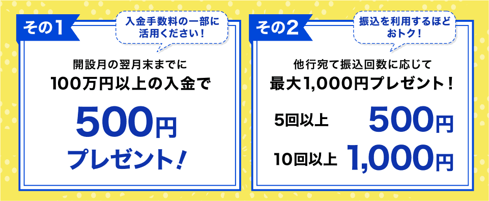 その1 入金手数料の一部に活用ください！開設月の翌月末までに100万円以上の入金で500円プレゼント！その2 振込を利用するほどおトク！他行宛て振込回数に応じて最大1,000円プレゼント！5回以上500円 10回以上1,000円