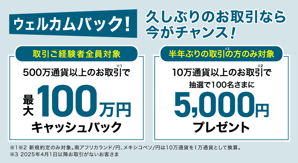 ウェルカムバック！！久しぶりのお取引なら今がチャンス 取引ご経験者全員対象 500万通貨以上のお取引で最大100万円キャッシュバック 半年ぶりの取引の方のみ対象 10万通貨以上のお取引で抽選で100名さまに5,000円プレゼント ※1※2 新規約定のみ対象。南アフリカランド/円、メキシコペソ/円は10万通貨を1万通貨として換算。※3 2025年4月1日以降お取引がないお客さま