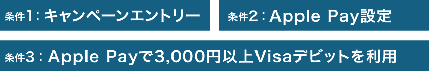 条件1：キャンペーンエントリー 条件2：Apple Pay設定 条件3：Apple Payで3,000円以上Visaデビットを利用