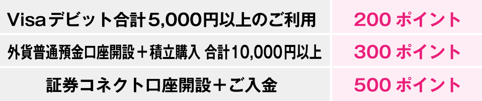 Visaデビット 合計5,000円以上のご利用 200ポイント／外貨普通預金口座開設+積立購入 合計10,000円以上 300ポイント／証券コネクト口座開設+ご入金 500ポイント
