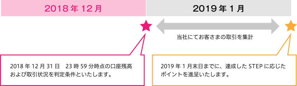 2018年12月 2018年12月31日　23時59分時点の口座残高および取引状況を判定条件といたします。/2019年1月 当社にてお客さまの取引を集計 2019年1月末日までに、達成したSTEPに応じたポイントを進呈いたします。
