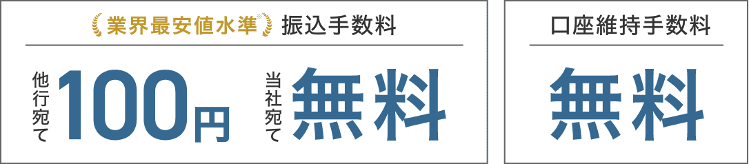 口座維持手数料・当社宛て振込手数料 無料／他行宛て振込手数料 100円