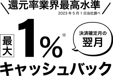 還元率業界最高水準 2023年5月1日当社調べ 決済確定月の翌月 最大1%※キャッシュバック