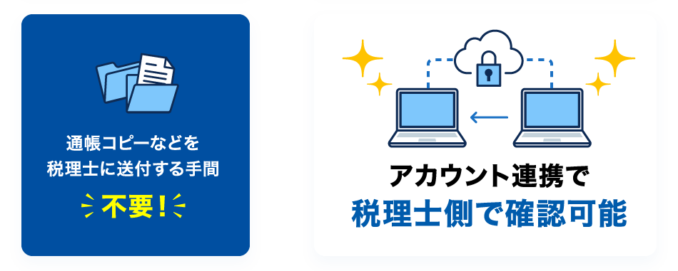 通帳コピーなどを税理士に送付する手間 不要！アカウント連携で税理士側で確認可能