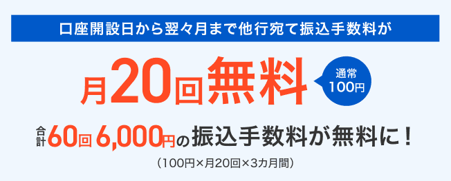 口座開設月から翌々月まで他行宛て振込手数料が月20回無料 通常100円　合計60回6,000円の振込手数料が無料に！（100円×月20回×3カ月間）